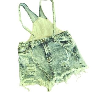 Forever 21 Acid Washed Distressed Cutoff Festival Overall Shorts